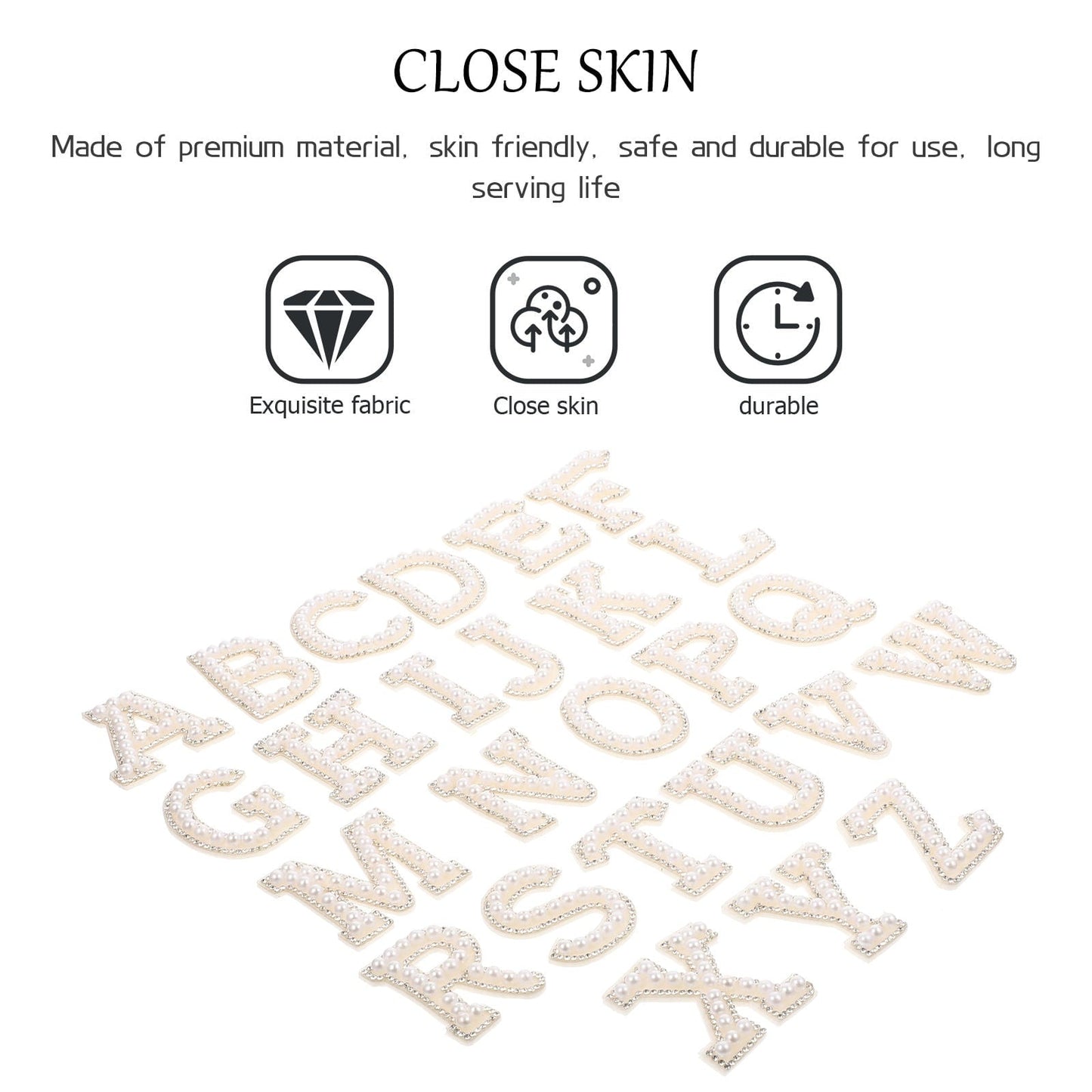 HOOWIFFY White Letter Iron-On Patches with Embellishments for Clothing Decoration, 26 Pieces Polyester Set