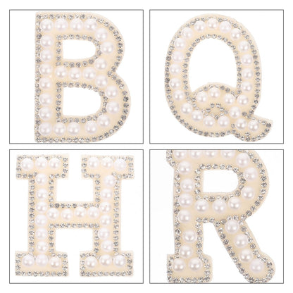 HOOWIFFY White Letter Iron-On Patches with Embellishments for Clothing Decoration, 26 Pieces Polyester Set