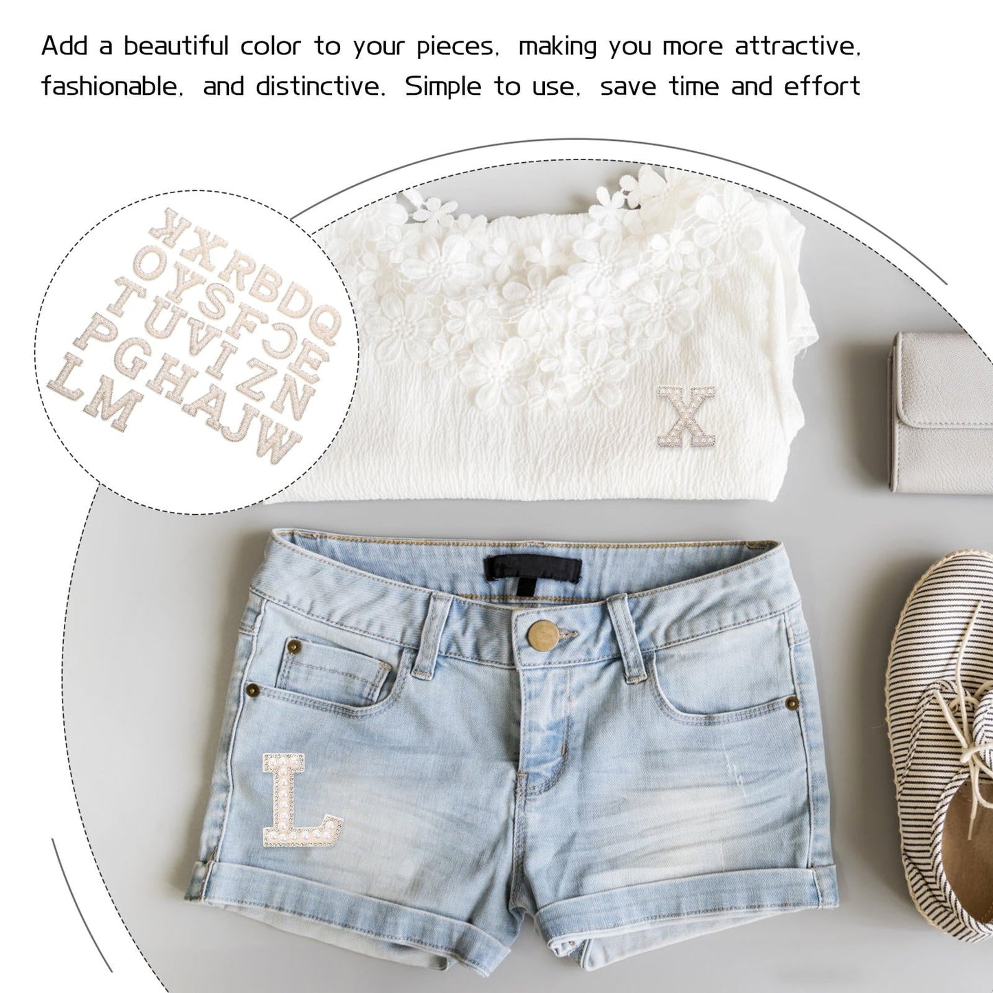 HOOWIFFY White Letter Iron-On Patches with Embellishments for Clothing Decoration, 26 Pieces Polyester Set