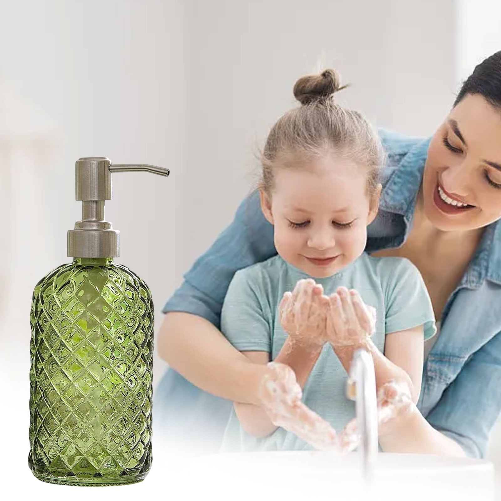 Darzheoy Glass Soap Dispenser 15 Oz for Bathroom Kitchen, Hand Soap/Lotion Dispenser with Plastic Pump Green.