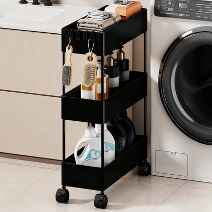 Kdkad Slim Space Saver Rolling Cart, 4.7-Inch Wide Storage Organizer with Wheels for Bathroom, Laundry Room, Between Washer & Toilet, 3-Tier Slim Design Black.