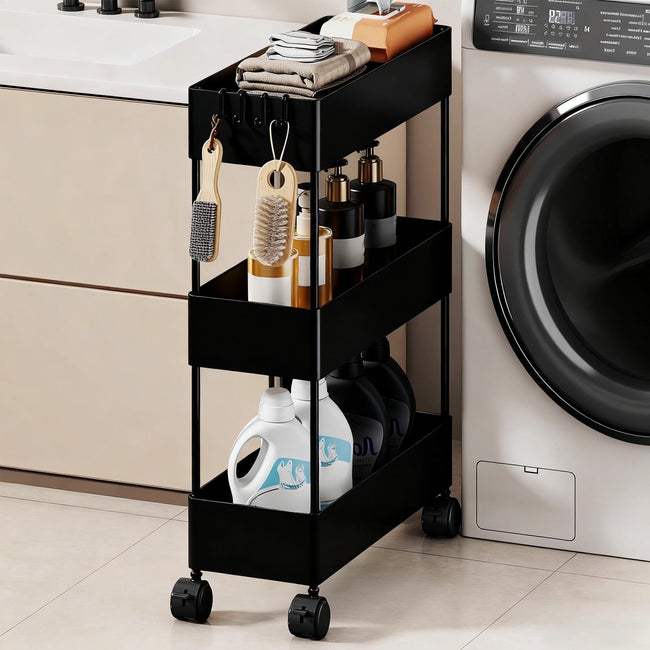 Kdkad Slim Space Saver Rolling Cart, 4.7-Inch Wide Storage Organizer with Wheels for Bathroom, Laundry Room, Between Washer & Toilet, 3-Tier Slim Design Black Main Image
