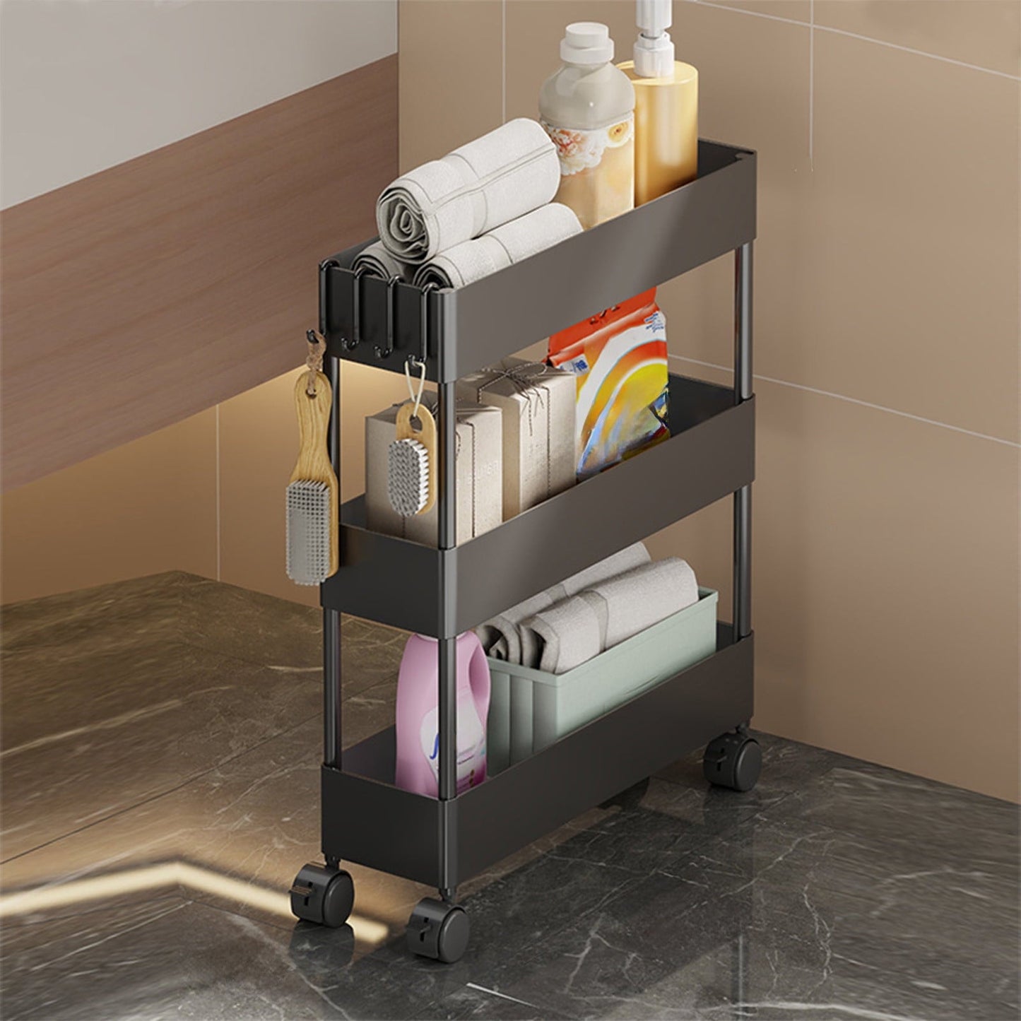 Kdkad Slim Space Saver Rolling Cart, 4.7-Inch Wide Storage Organizer with Wheels for Bathroom, Laundry Room, Between Washer & Toilet, 3-Tier Slim Design Black.