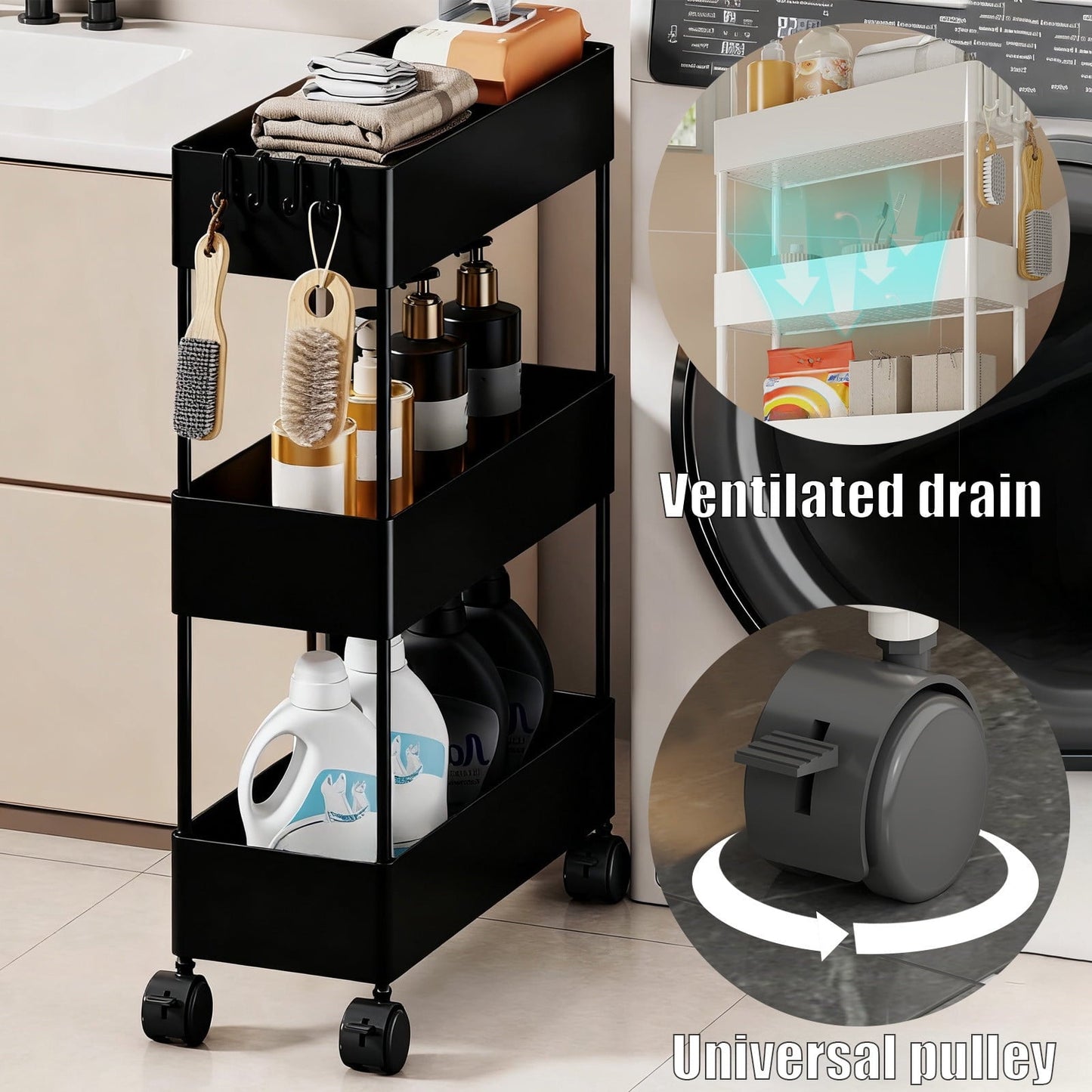 Kdkad Slim Space Saver Rolling Cart, 4.7-Inch Wide Storage Organizer with Wheels for Bathroom, Laundry Room, Between Washer & Toilet, 3-Tier Slim Design Black.
