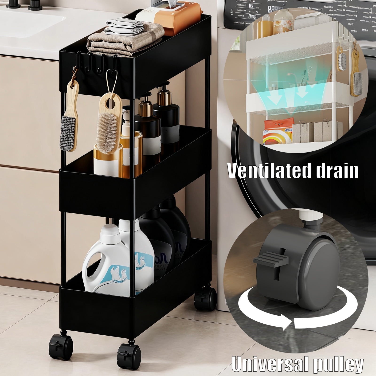 Kdkad Slim Space Saver Rolling Cart, 4.7-Inch Wide Storage Organizer with Wheels for Bathroom, Laundry Room, Between Washer & Toilet, 3-Tier Slim Design Black.