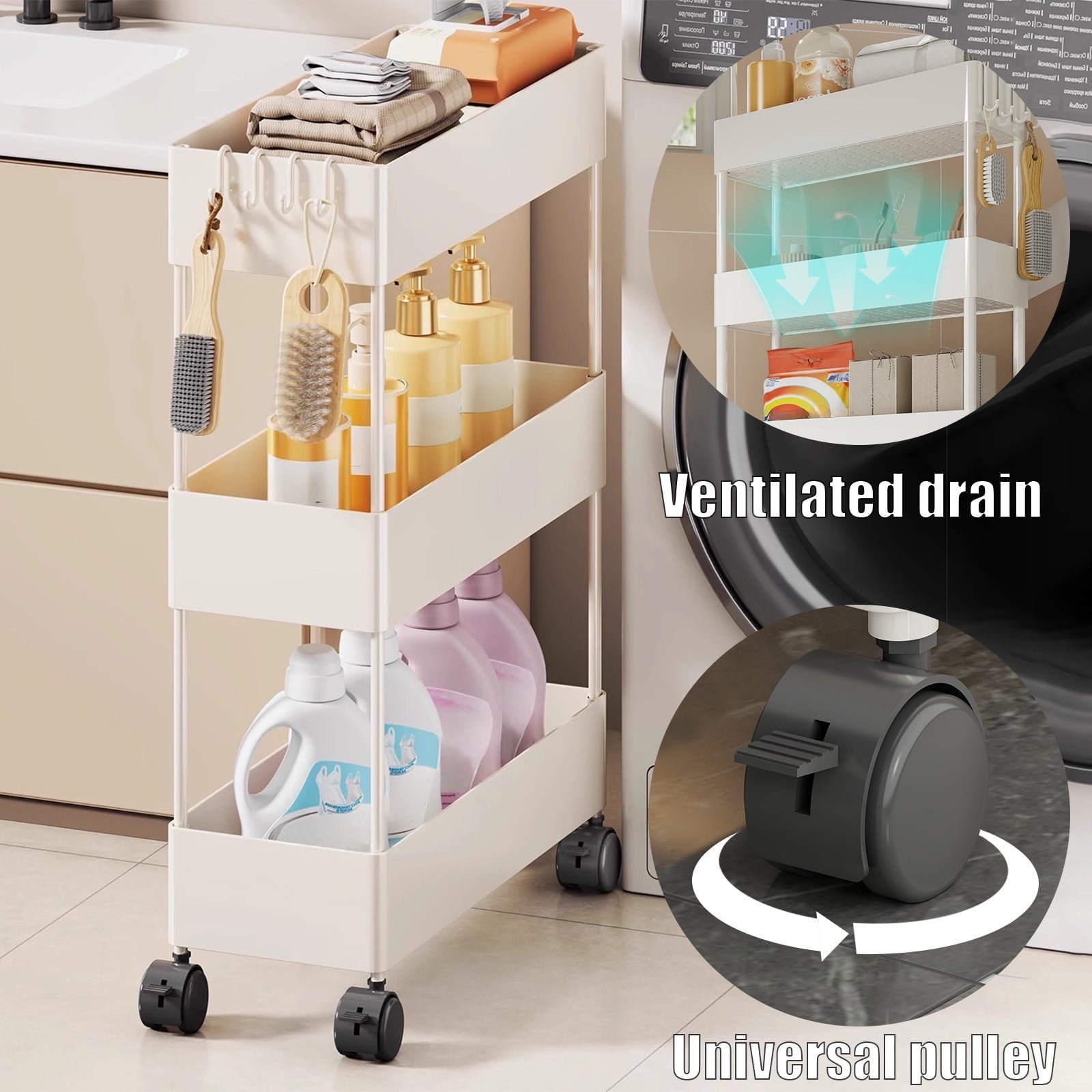 Kdkad Slim Space Saver Rolling Cart, 4.7-Inch Wide Storage Organizer with Wheels for Bathroom, Laundry Room, Between Washer & Toilet, 3-Tier Slim Design White.
