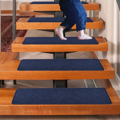 Chmadoxn 4-Piece Non-Slip Stair Treads, Self-Adhesive Striped Carpet Mats, Absorbent & Quiet Step Pads, Can Be Cut to Fit, Washable for Indoor Staircase Safety\u200b\u200b Navy