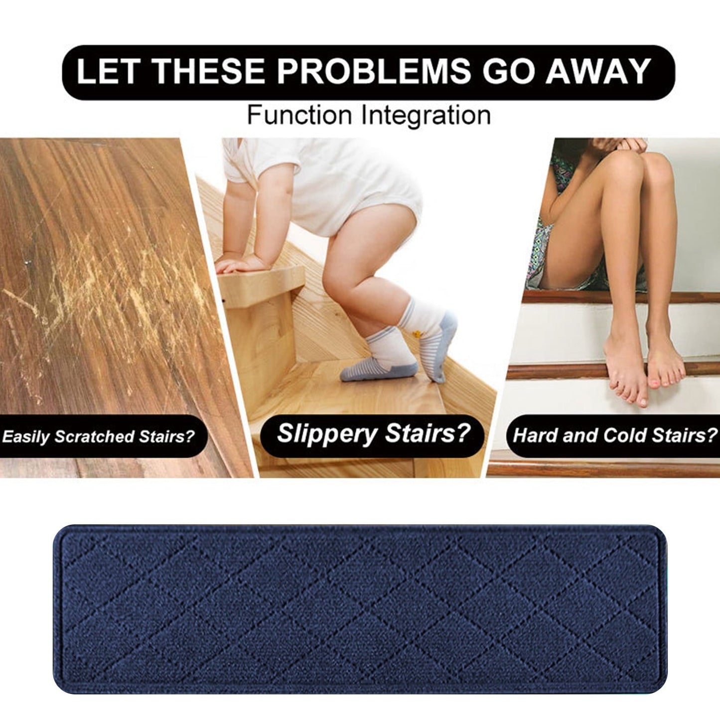 Chmadoxn 4-Piece Non-Slip Stair Treads, Self-Adhesive Striped Carpet Mats, Absorbent & Quiet Step Pads, Can Be Cut to Fit, Washable for Indoor Staircase Safety\u200b\u200b Navy