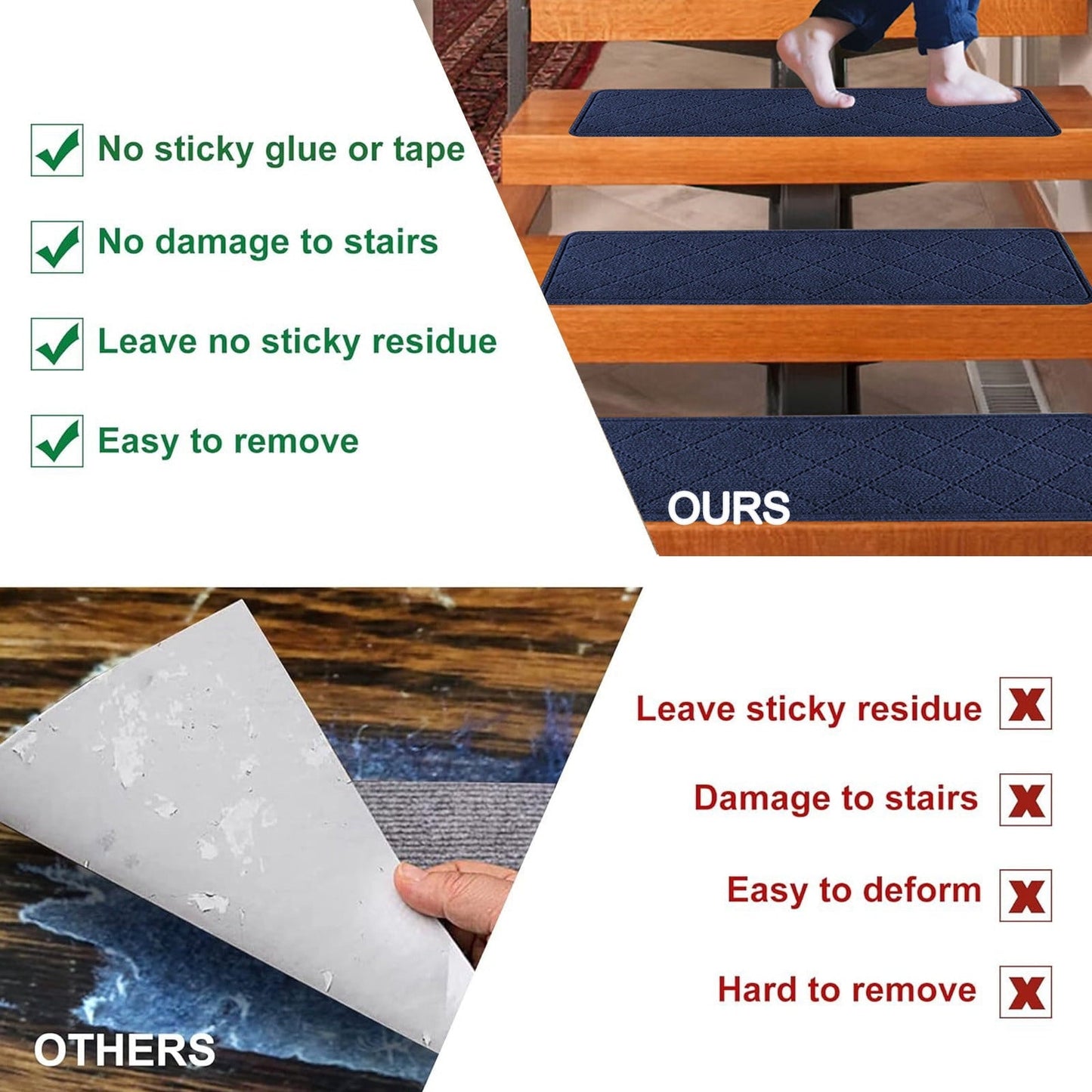 Chmadoxn 4-Piece Non-Slip Stair Treads, Self-Adhesive Striped Carpet Mats, Absorbent & Quiet Step Pads, Can Be Cut to Fit, Washable for Indoor Staircase Safety\u200b\u200b Navy
