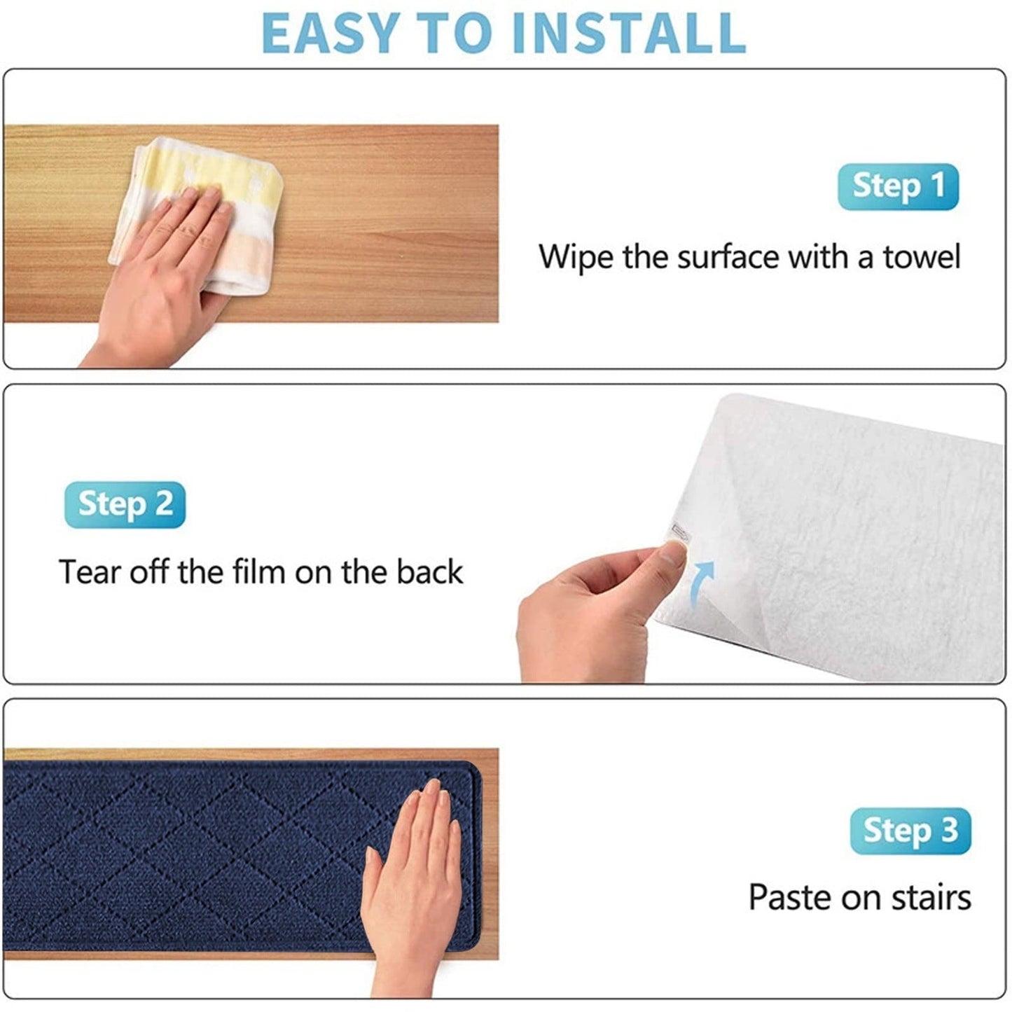 Chmadoxn 4-Piece Non-Slip Stair Treads, Self-Adhesive Striped Carpet Mats, Absorbent & Quiet Step Pads, Can Be Cut to Fit, Washable for Indoor Staircase Safety\u200b\u200b Navy