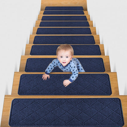 Chmadoxn 4-Piece Non-Slip Stair Treads, Self-Adhesive Striped Carpet Mats, Absorbent & Quiet Step Pads, Can Be Cut to Fit, Washable for Indoor Staircase Safety\u200b\u200b Navy