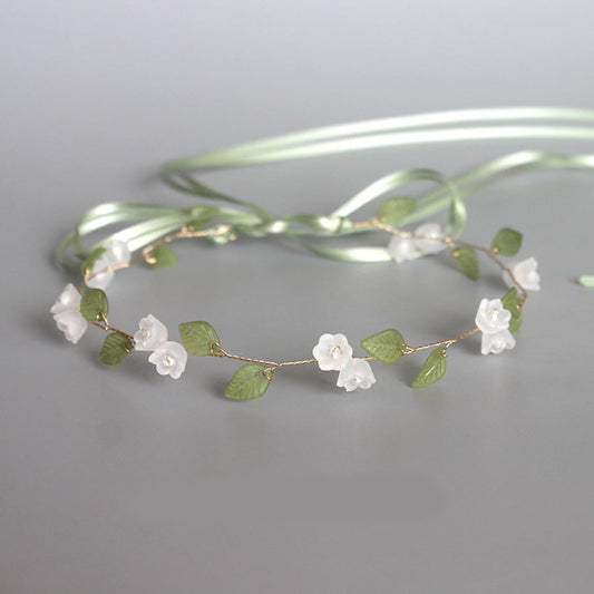 HOOWIFFY Lily of The Valley Floral Headband Golden Ribbon Design for Brides and Teens