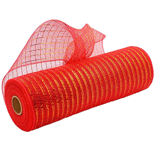 Darzheoy 10 Inch x 30 Feet Deco Poly Mesh Ribbon, Metallic Foil Poly Mesh Ribbon, for Wreaths, Swags, Craft, Wedding, Party and Decorating Supplies Red