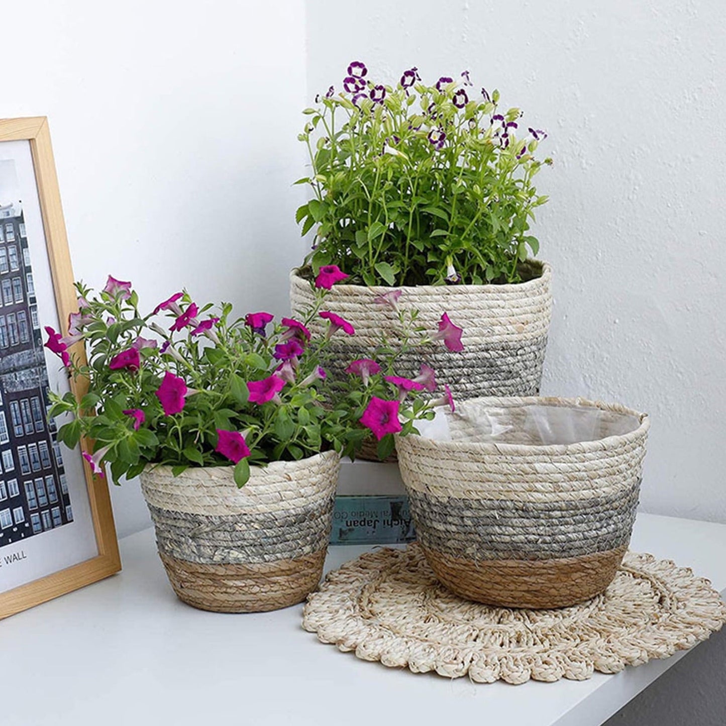 Darzheoy Woven Seagrass Plant Basket, Flower Pots Home Boho Decor, Storage Picnic Grocery Straw Bag for Plant Artificial Tree - 5.5"×8.7"×6.3 C