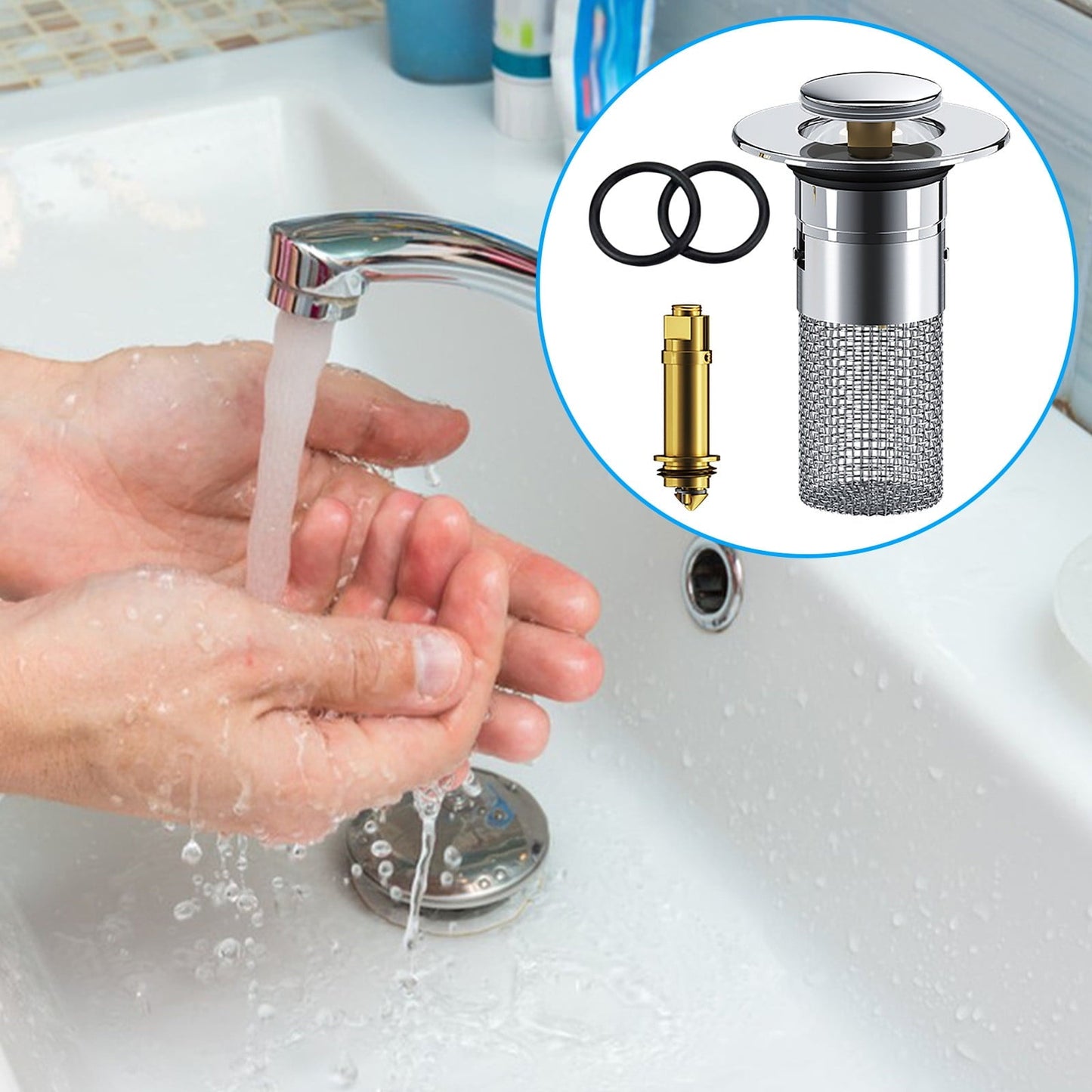 Chmadoxn Universal Bathroom Sink Stopper, Basin Sink Drain Strainer, Bathroom Sink Plug with Stainless Steel Hair Catcher on 1 pc B