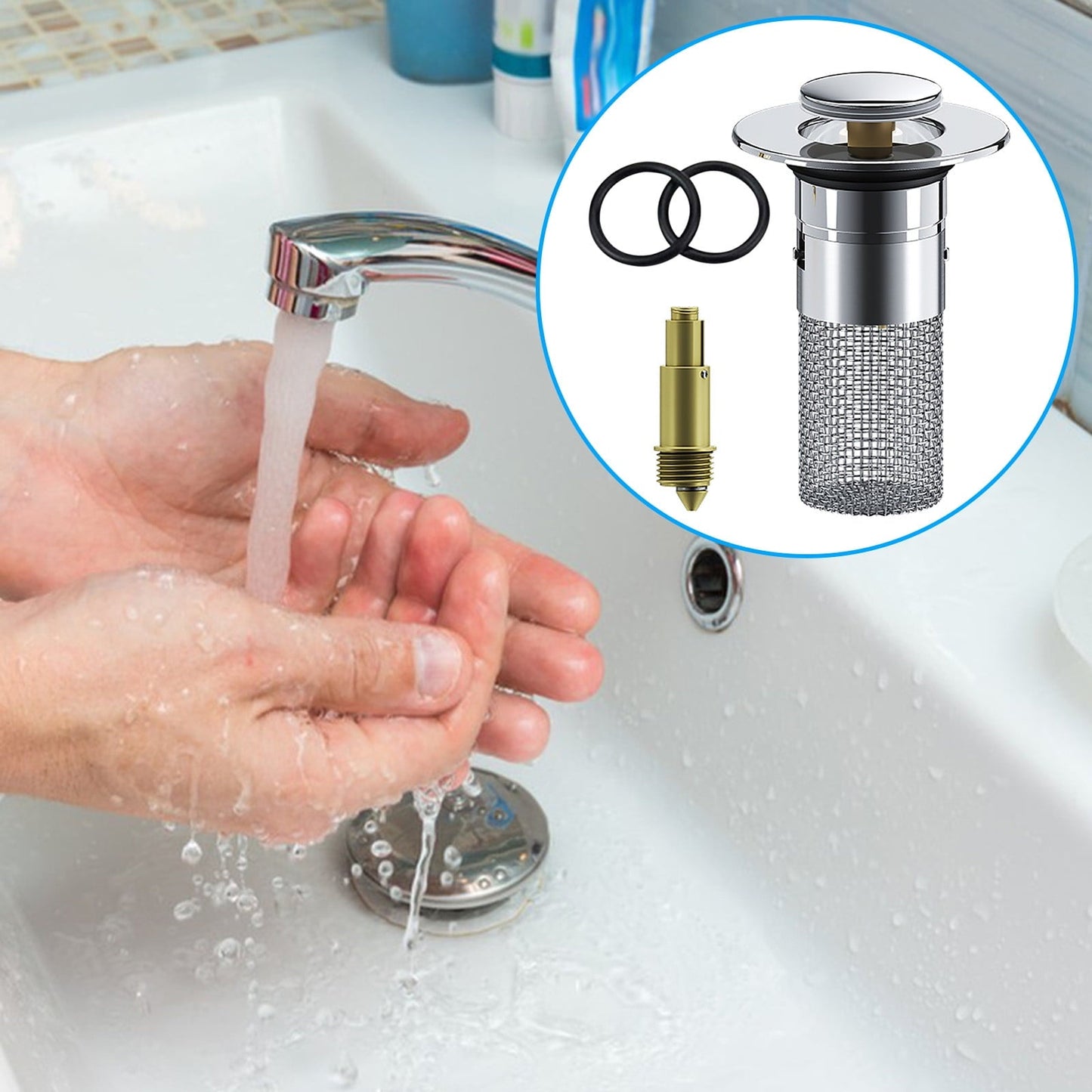 Chmadoxn Universal Bathroom Sink Stopper, Basin Sink Drain Strainer, Bathroom Sink Plug with Stainless Steel Hair Catcher on 2 pc C