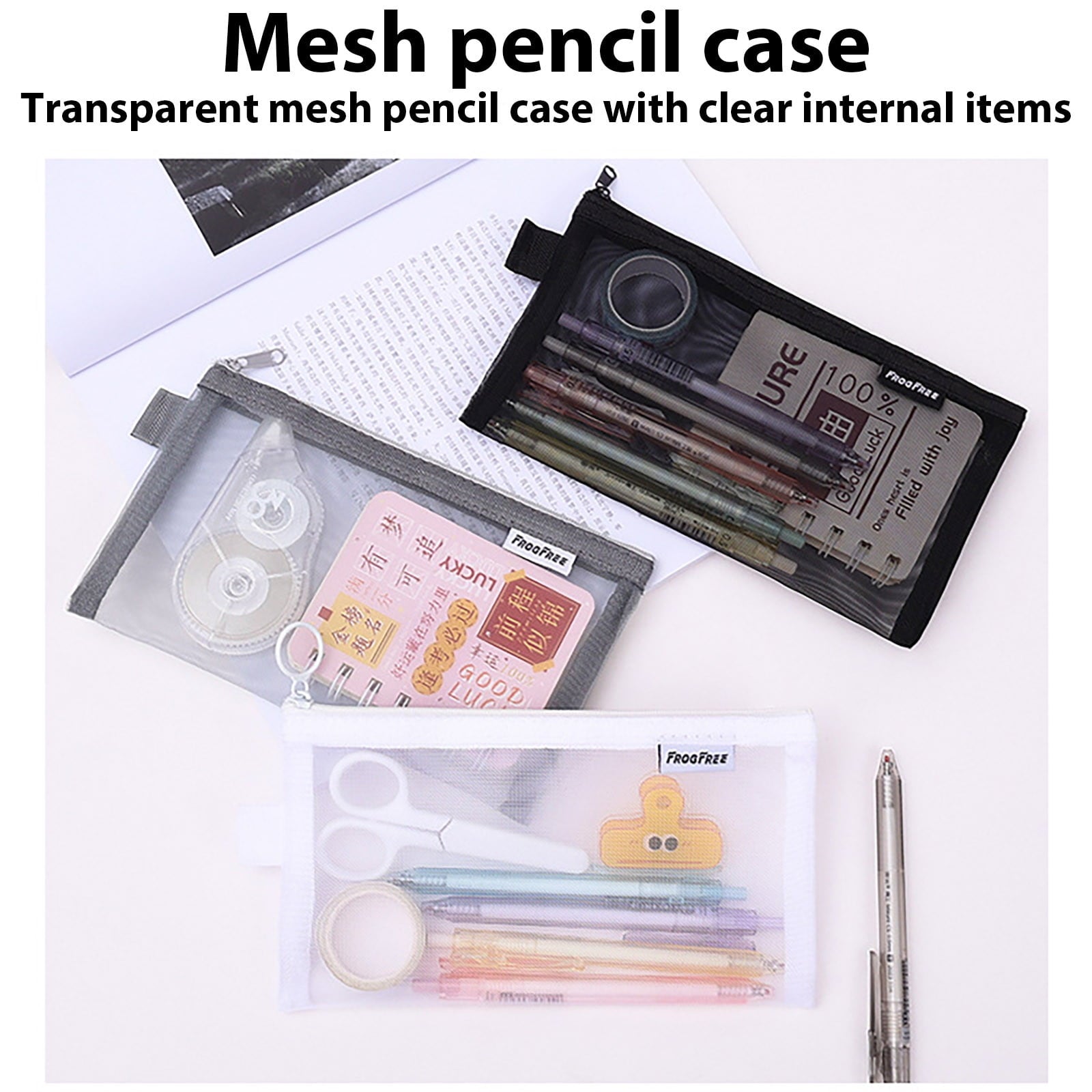 Kdkad Transparent Mesh Pencil Case, Pencil Pouch, Clear Makeup Bags, Nylon Mesh Pen Pouch with Zipper Pencil Case Stationery Storage Bag for Home Office Supplies Cosmetics Travel Accessories 8.3Ã4.7 in Black.