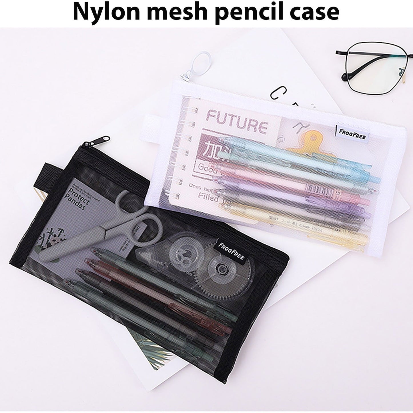 Kdkad Transparent Mesh Pencil Case, Pencil Pouch, Clear Makeup Bags, Nylon Mesh Pen Pouch with Zipper Pencil Case Stationery Storage Bag for Home Office Supplies Cosmetics Travel Accessories 8.3Ã4.7 in Black.