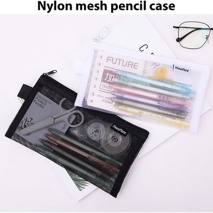Kdkad Transparent Mesh Pencil Case, Pencil Pouch, Clear Makeup Bags, Nylon Mesh Pen Pouch with Zipper Pencil Case Stationery Storage Bag for Home Office Supplies Cosmetics Travel Accessories 8.3Ã4.7 in Black.