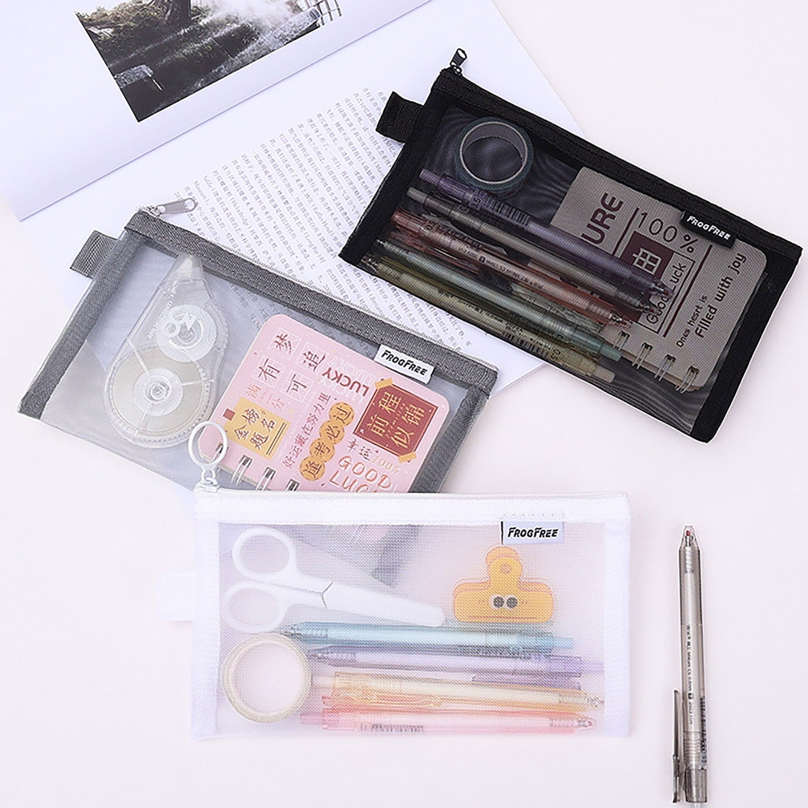 Kdkad Transparent Mesh Pencil Case, Pencil Pouch, Clear Makeup Bags, Nylon Mesh Pen Pouch with Zipper Pencil Case Stationery Storage Bag for Home Office Supplies Cosmetics Travel Accessories 8.3Ã4.7 in Black.