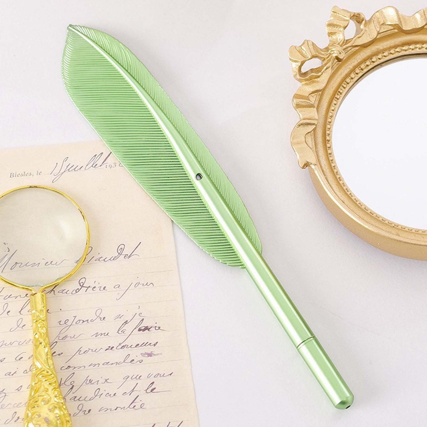 Darzheoy Feather Ballpoint Pens Black Ink Natural Feather Quill Ballpoint Pen for Office, Retro Quill Writing Wedding Sign Pen Green