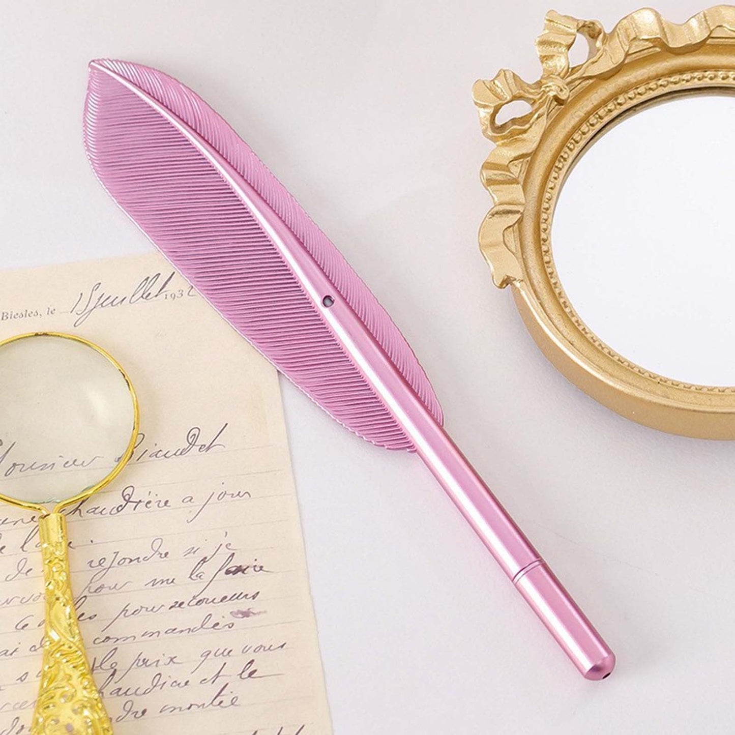 Darzheoy Feather Ballpoint Pens Black Ink Natural Feather Quill Ballpoint Pen for Office, Retro Quill Writing Wedding Sign Pen Pink