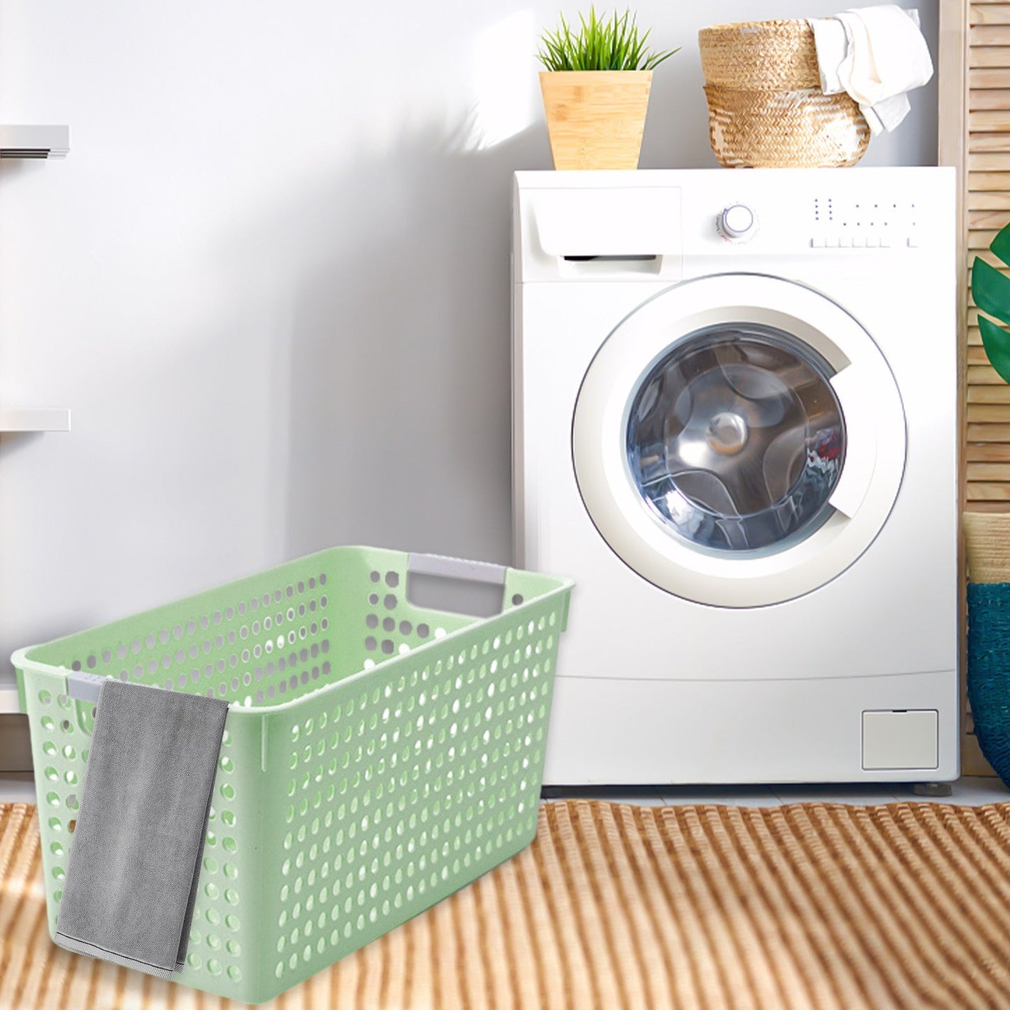 Darzheoy Laundry Basket, 2 pcs Plastic Hamper with Handles, Open Storage Bin to Organize Closets, Cabinets, Pantry, Shelving and Countertop Space, Suitable for Families and Dorms 3PC-Green