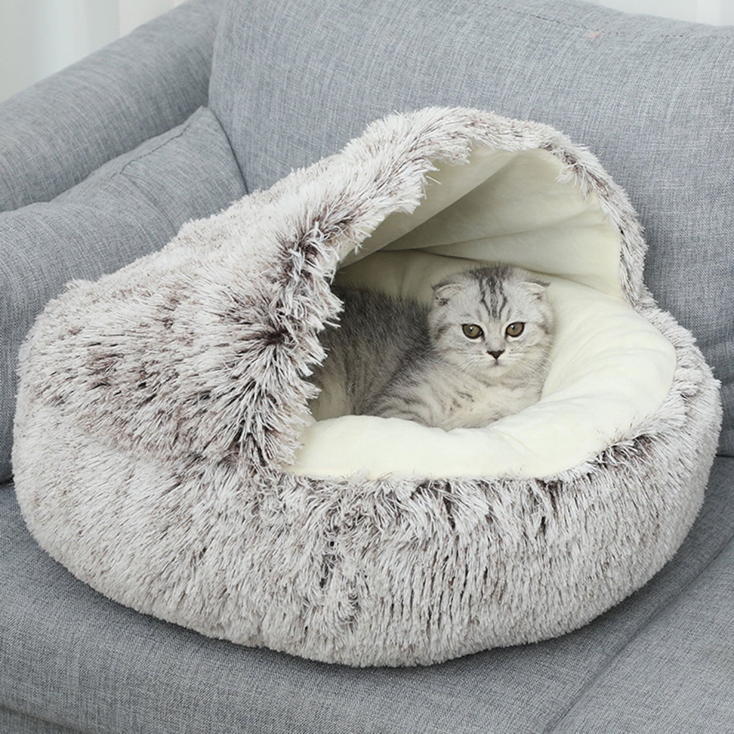 Darzheoy Calming Dog Beds & Cat Cave Bed with Hooded Cover, Removable Washable Round Beds for Small Medium Pets, Anti-Slip Plush Coved Bed for Pet (20"x20") G