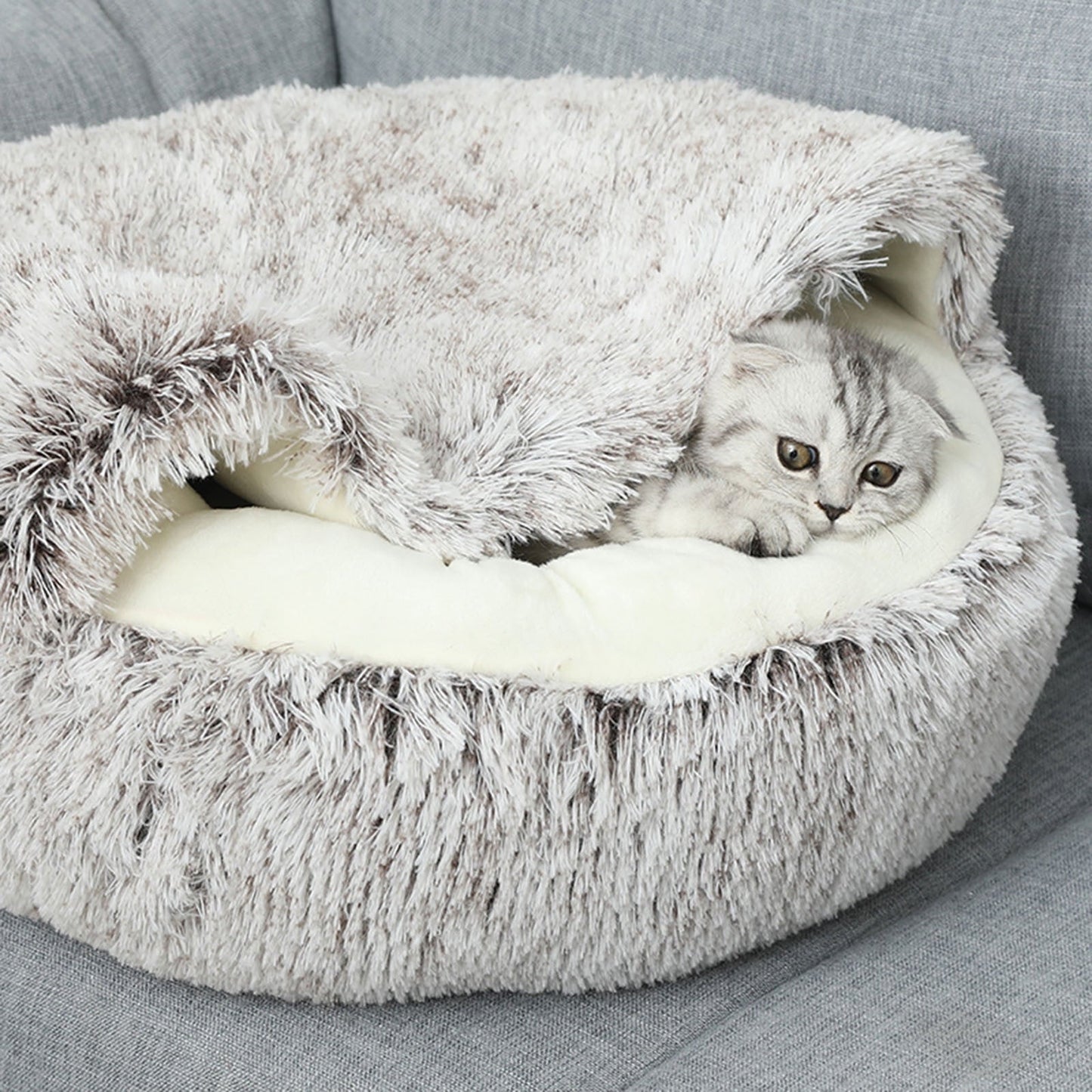 Darzheoy Calming Dog Beds & Cat Cave Bed with Hooded Cover, Removable Washable Round Beds for Small Medium Pets, Anti-Slip Plush Coved Bed for Pet (20"x20") O