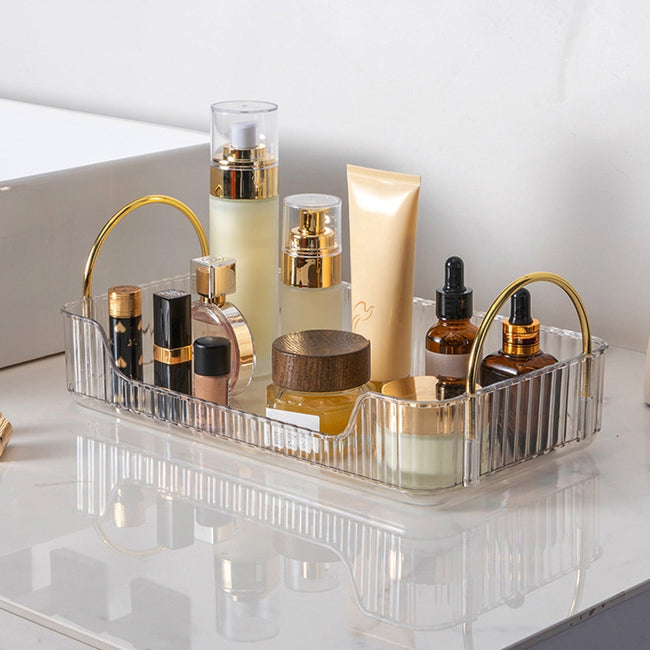 Bathroom Organizer Countertop, Vanity Tray for Skincare Makeup, Counter Organizer, Transparent Ribbon Handle Storage Rack, for Cosmetics, Toiletries, Lotions, Perfumes. Hover Image