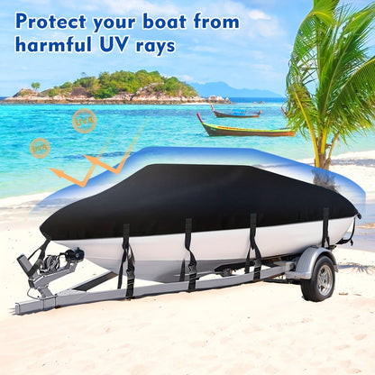 Trailerable Boat Cover â Heavy Duty Waterproof Tarp with Storage Bag, Designed for V-Hull, Fish & Ski, Runabout, Bass & Fishing Boats,17-19FTBlack.