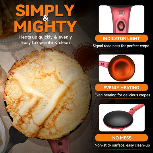 Electric Crepe Maker, 8-Inch Portable Nonstick Crepe Machine with Handle, Compact Household Pancake & Tortilla Maker for Eggs, Crepes, Blintzes, and Wraps.