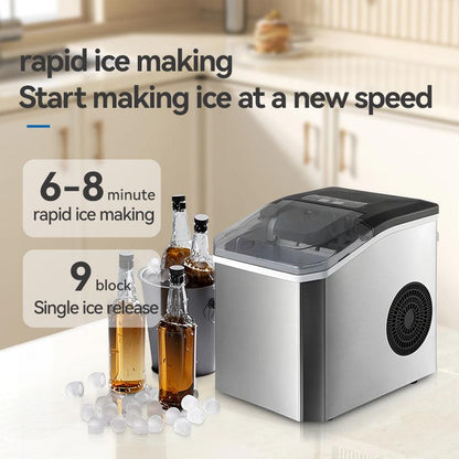 Ice Maker Countertop, Portable Ice Machine with Carry Handle, 26.5lbs Per Day, 9 Cubes in 6 Mins, Auto-Cleaning, with Basket and Scoop, for Home, Kitchen, Camping, RV.