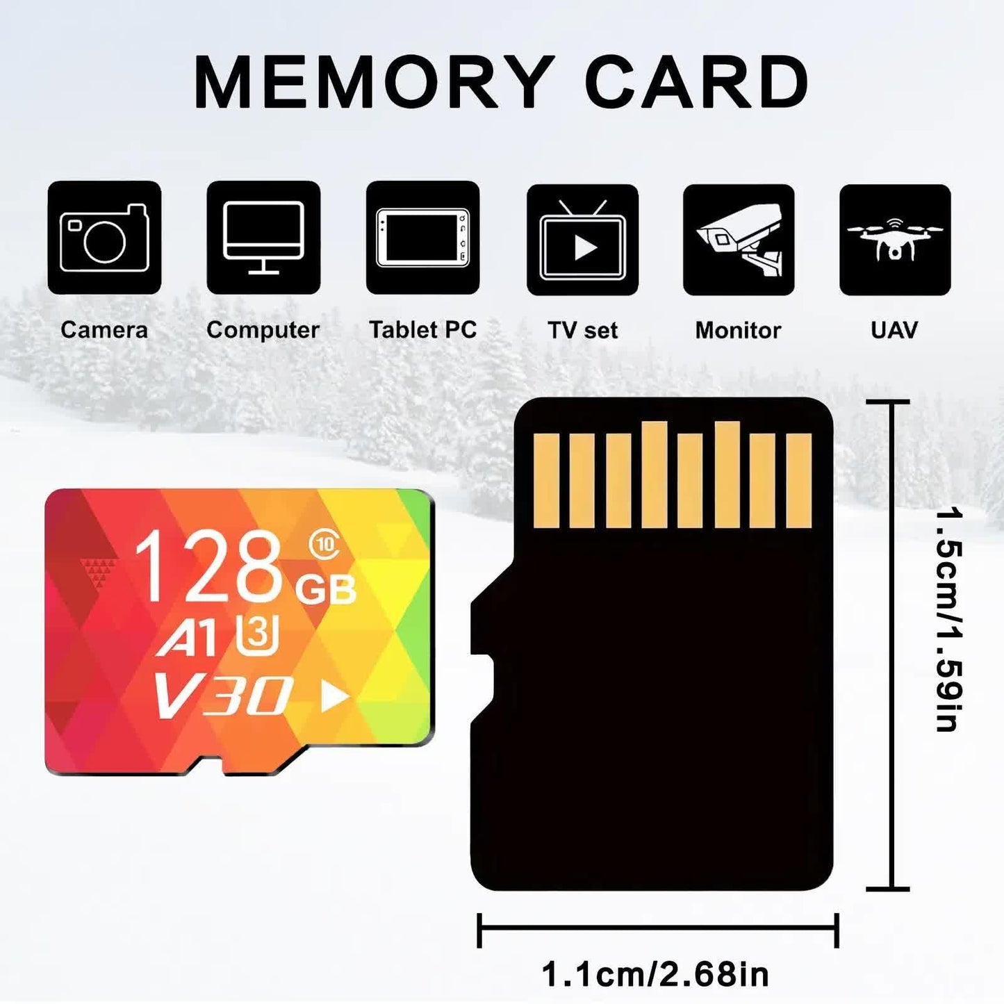 1PCS 128G Memory Cards, U3 A1 Class 10, Up To 100MB/s, Micro SD TF For Security Monitor/Full HD Video Recording/Tablet/Phone/ Surveillance Camera/Dash Camera/Car Speaker/Game Console.