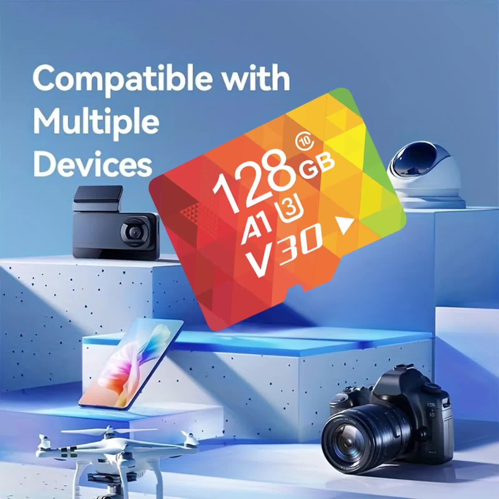1PCS 128G Memory Cards, U3 A1 Class 10, Up To 100MB/s, Micro SD TF For Security Monitor/Full HD Video Recording/Tablet/Phone/ Surveillance Camera/Dash Camera/Car Speaker/Game Console.