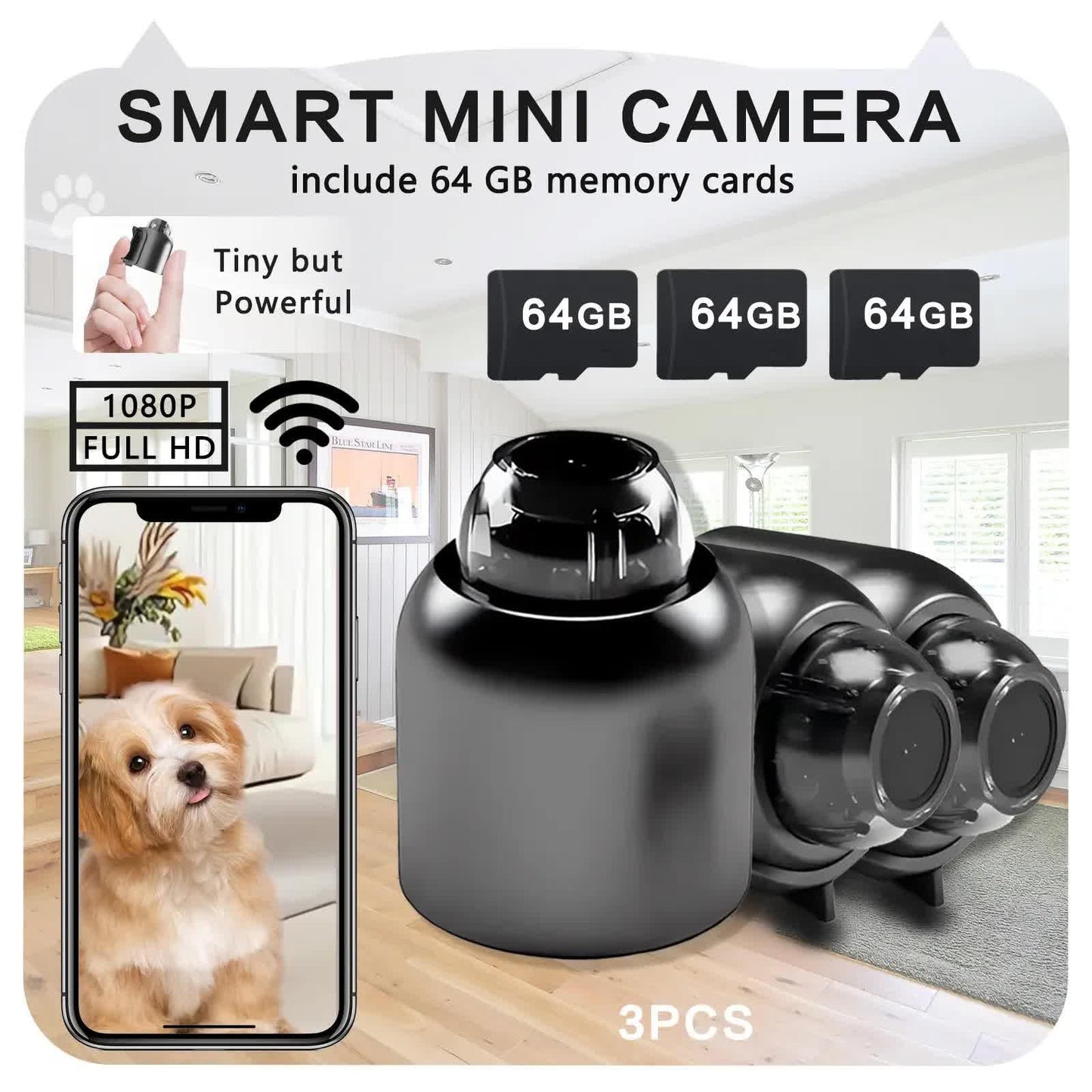 3pcs Mini Wireless Surveillance Camera with 2.4G WiFi, HD 1080P, Supports 64GB Cards, Night Vision, Audio, USB Power, Remote View, Wide-angle, Easy To Carry, for Home, Pet, Bedroom, Black Fridays.ï¼Optional monitoring card setï¼.