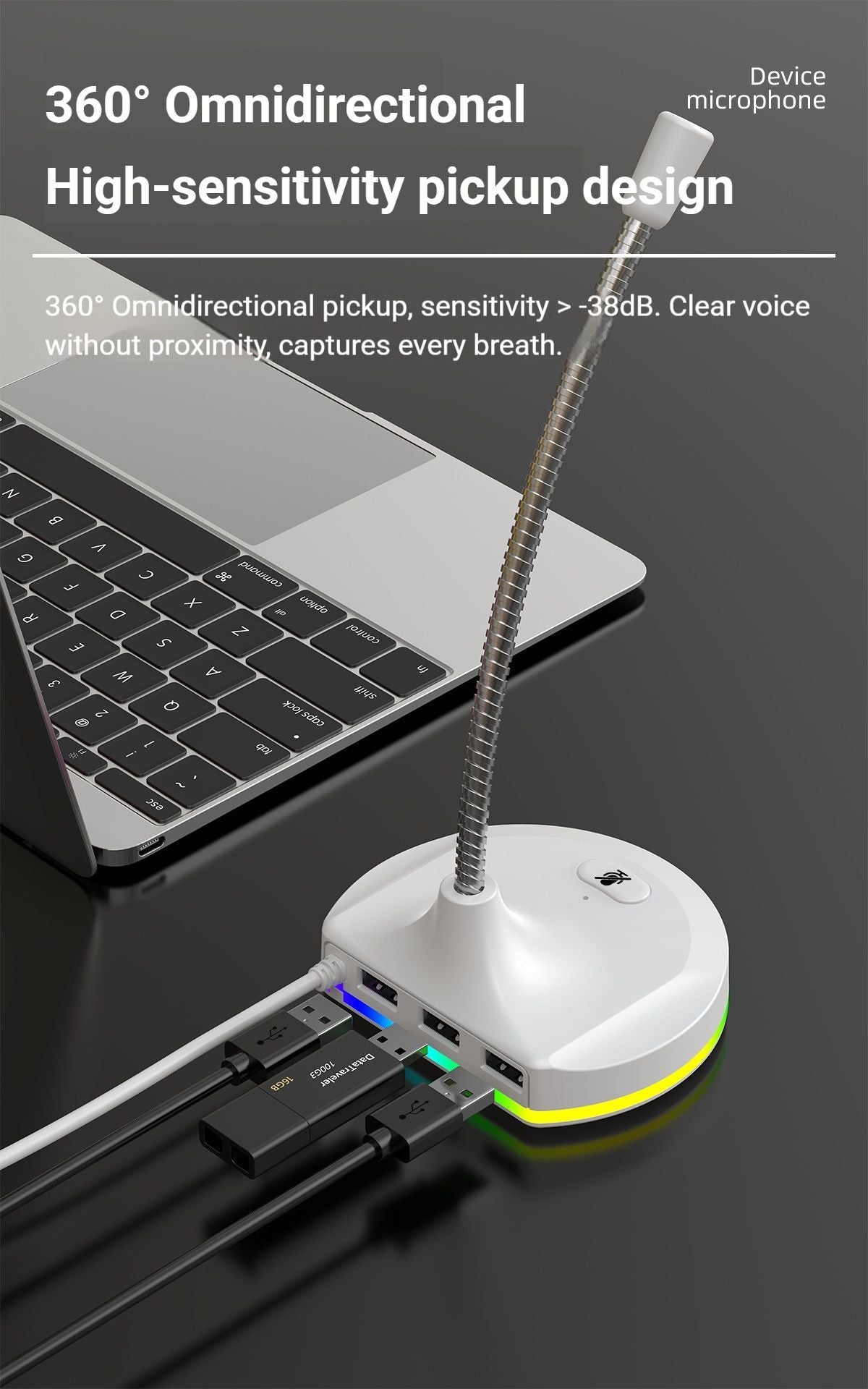 RGB Desktop Microphone 3 USB HUB Model White