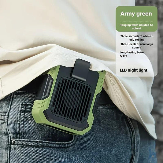 Wall-mounted USB rechargeable dual-purpose fan, integrating rapid cooling, dehumidification, and lighting functions. Features three-speed wind adjustment, can be worn on the waist via a hanging strap, with quiet operation, GREEN.