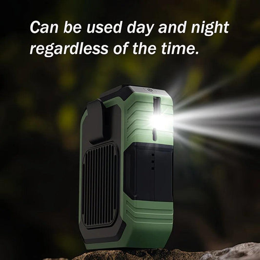 Wall-mounted USB rechargeable dual-purpose fan, integrating rapid cooling, dehumidification, and lighting functions. Features three-speed wind adjustment, can be worn on the waist via a hanging strap, with quiet operation, GREEN.