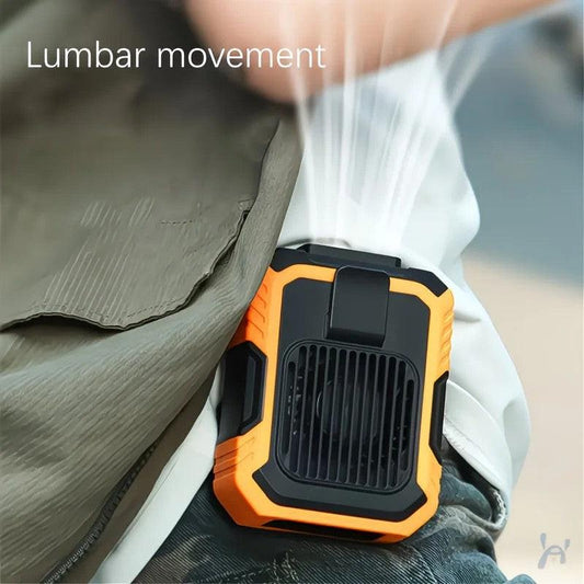 Wall-mounted USB rechargeable dual-purpose fan, integrating rapid cooling, dehumidification, and lighting functions. Features three-speed wind adjustment, can be worn on the waist via a hanging strap,Orange.