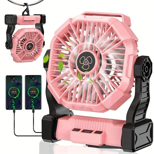 PINK 2-in-1 Portable Fan & Light, Quiet & Cool for Outdoor Use.