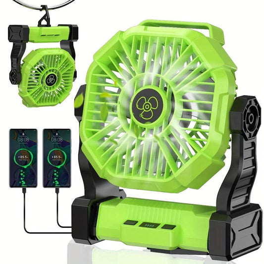 GREEN 2-in-1 Portable Fan & Light, Quiet & Cool for Outdoor Use.