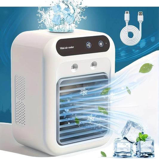 USB rechargeable mini air conditioning fan, supports USB/wireless charging. Features 3-speed wind, cooling, and humidification levels. Powered by a lithium battery, lightweight and compact, ideal for desktop cooling in both office and home settings..