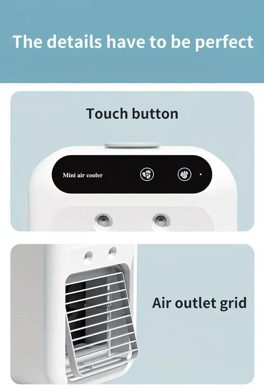 USB rechargeable mini air conditioning fan, supports USB/wireless charging. Features 3-speed wind, cooling, and humidification levels. Powered by a lithium battery, lightweight and compact, ideal for desktop cooling in both office and home settings..
