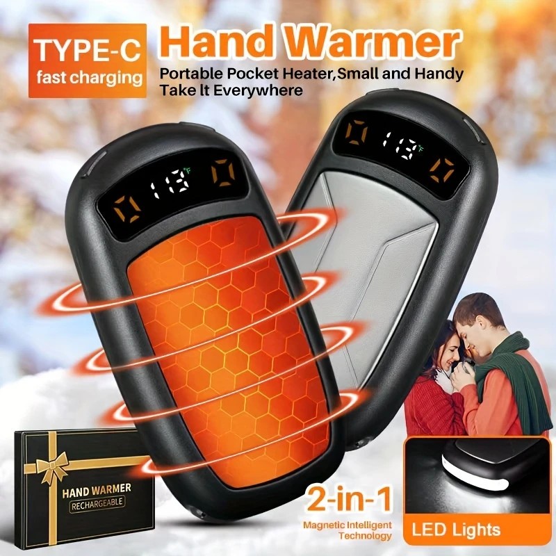 2PCS of rechargeable hand warmers with COB lights, featuring rapid heating, 3 adjustable modes, and a portable magnetic electric design.