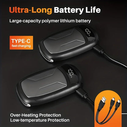 2PCS of rechargeable hand warmers with COB lights, featuring rapid heating, 3 adjustable modes, and a portable magnetic electric design.