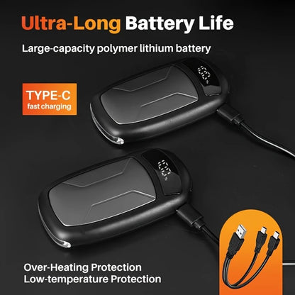 2PCS of rechargeable hand warmers with COB lights, featuring rapid heating, 3 adjustable modes, and a portable magnetic electric design.