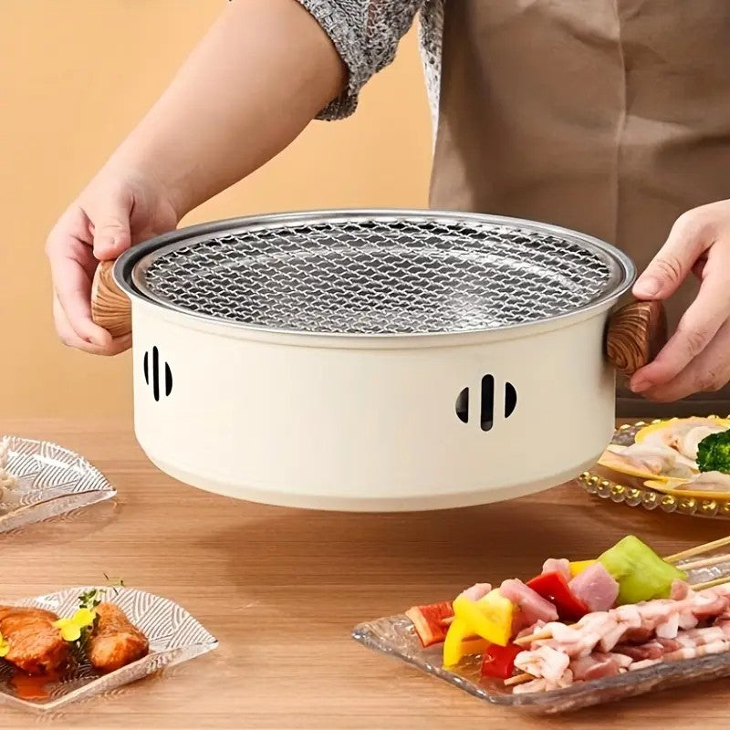 Portable mini tabletop barbecue grill, made of stainless steel, includes a grill mesh, designed for home use, and functions as a detachable charcoal grill.