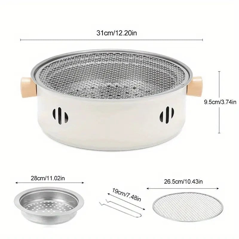 Portable mini tabletop barbecue grill, made of stainless steel, includes a grill mesh, designed for home use, and functions as a detachable charcoal grill.