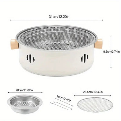 Portable mini tabletop barbecue grill, made of stainless steel, includes a grill mesh, designed for home use, and functions as a detachable charcoal grill.